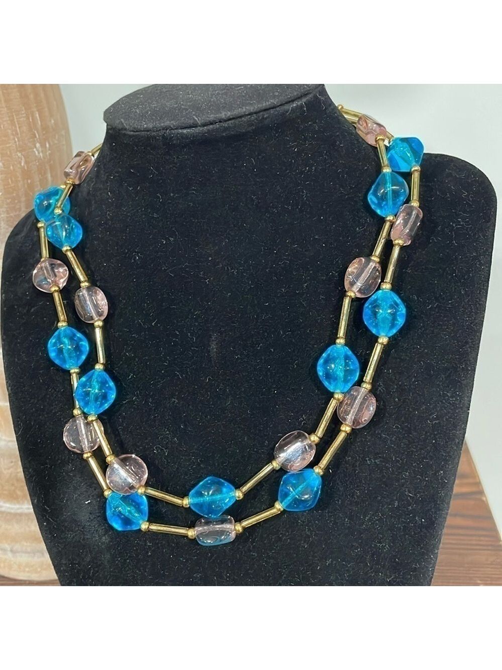 Aqua blue and light purple glass beaded layered necklace